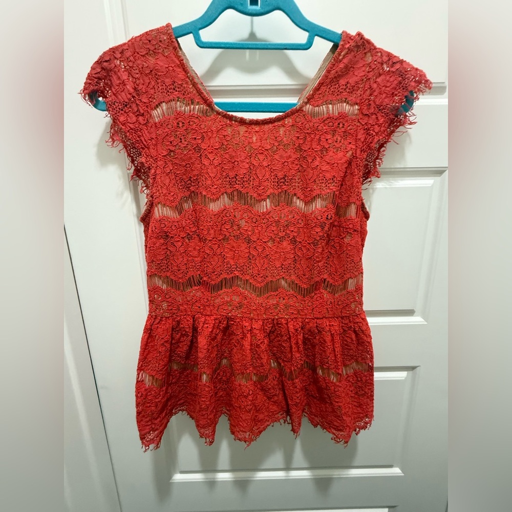 Anthropology Maeve Orange Lace Peplum Blouse. Size Small.